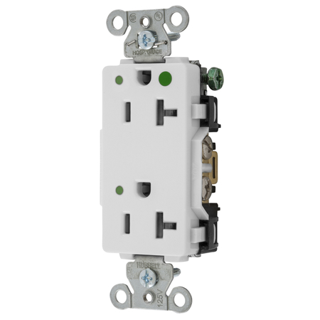HUBBELL WIRING DEVICE-KELLEMS Straight Blade Devices, Decorator Duplex Receptacle, Hospital Grade, Hubbell-Pro, LED Indicator, 20A 125V, 2-Pole 3-Wire Grounding, 5-20R, White 2182WL